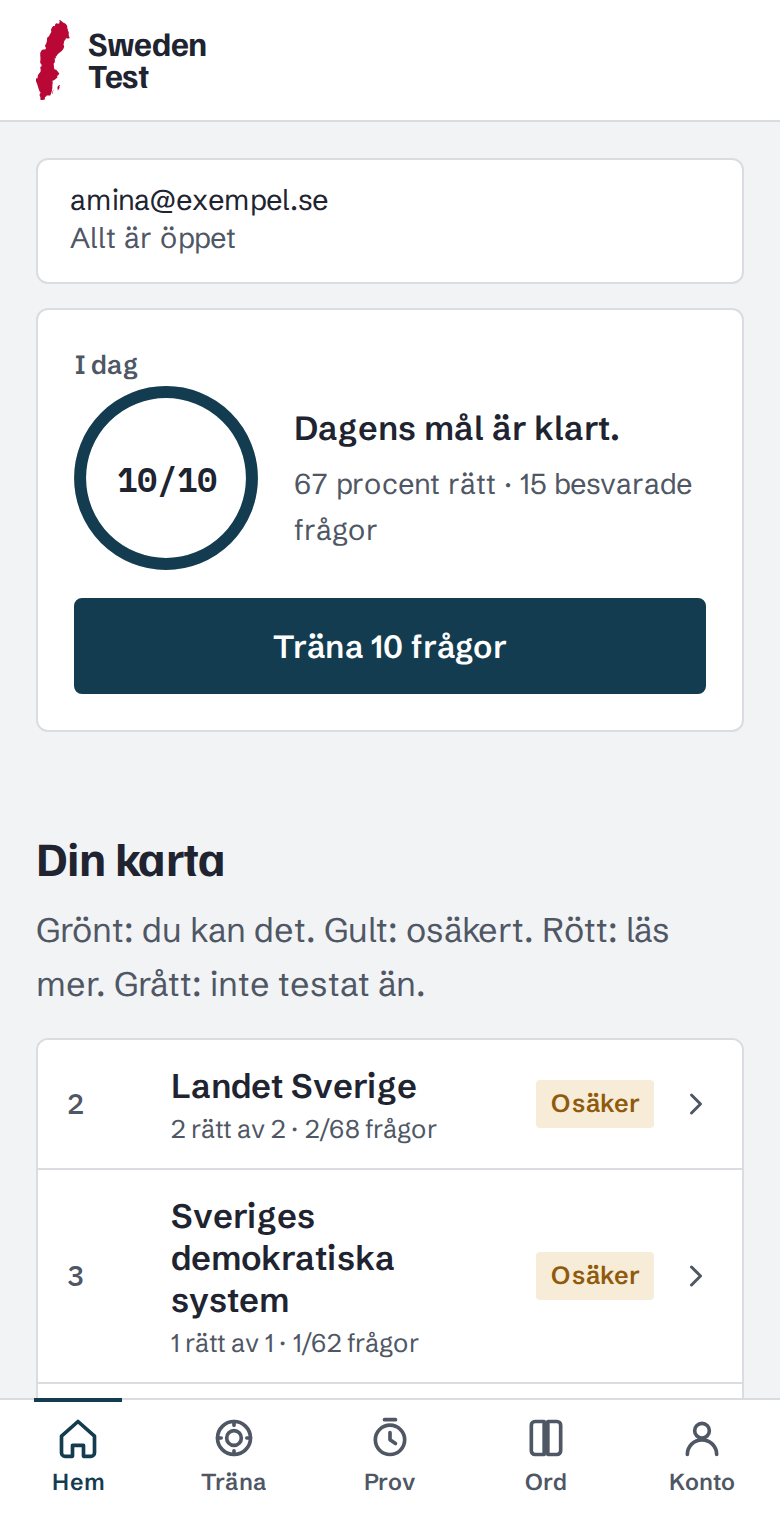 Appens startskärm med dagens mål och kartan över kapitlen